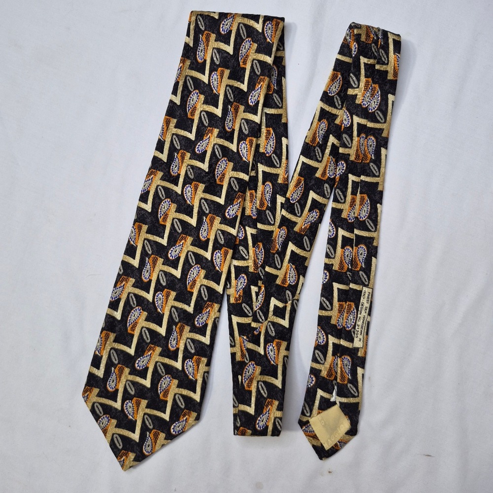 Omaggio by Robert Talbott Tie Mens Black Gold Paisley Geometric Silk Italy - Picture 3 of 7